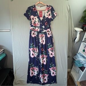 Womens Floral Babydoll Maxi Dress Navy Size Medium Flowy Vacation Resortwear